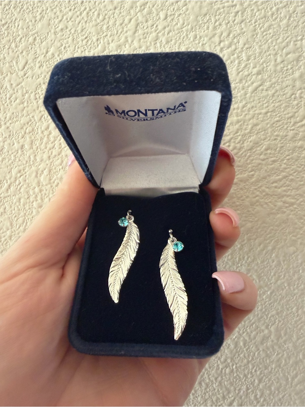 Montana Silversmiths Silver Feather Earrings with Teal Crystals